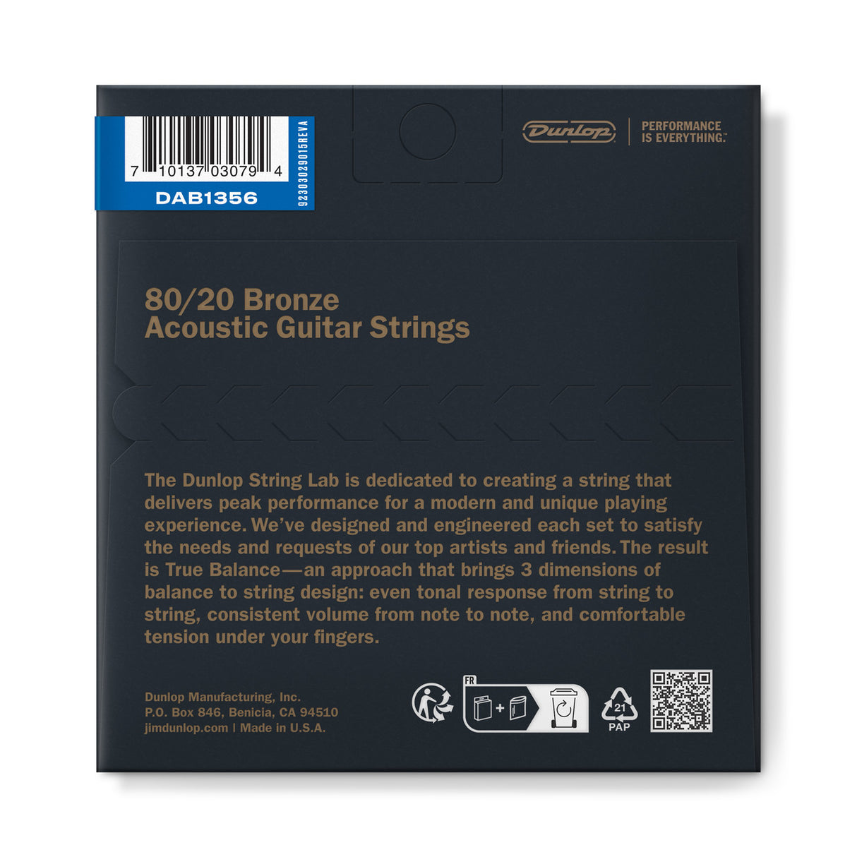The image shows a package of Dunlop 80/20 Bronze Acoustic Guitar Strings (model DAB1356). It highlights Dunlop’s "True Balance" philosophy for even tonal response, consistent volume, and comfortable tension. Made in the USA by Dunlop Manufacturing, the sleek black packaging features bronze text, a barcode, recycling symbols, and a QR code. The strings are designed for premium acoustic guitar performance.