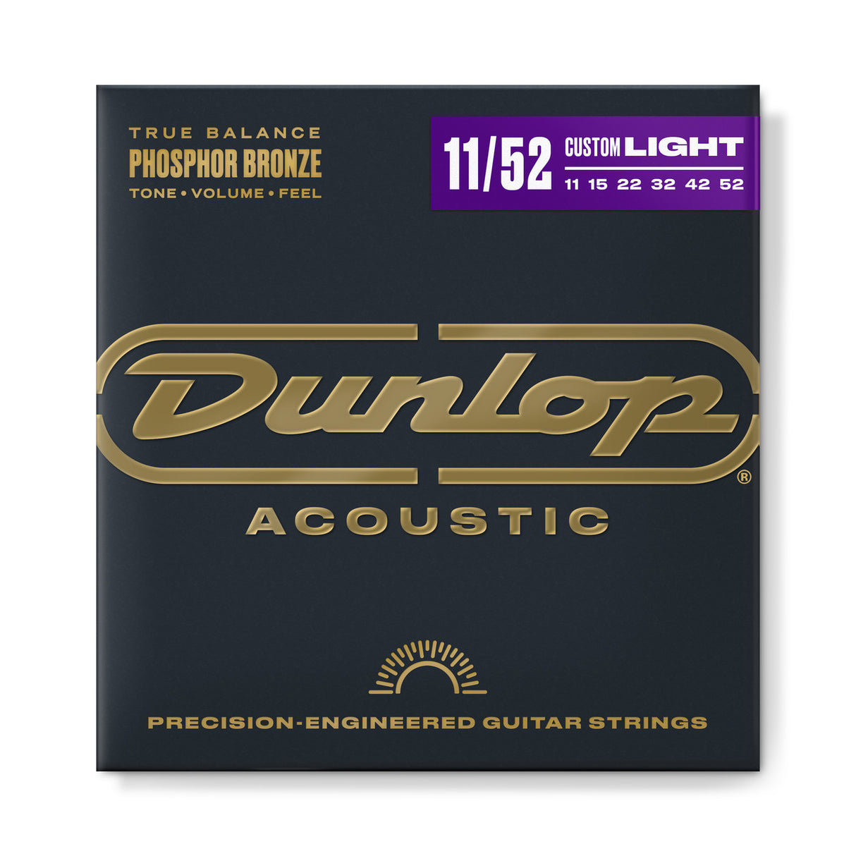 The image shows a package of Dunlop Acoustic guitar strings from the True Balance Phosphor Bronze series in Custom Light gauge (11-52). The packaging features Dunlop’s gold logo on a dark background with purple accents. It highlights precision-engineered phosphor bronze strings with gauges 11, 15, 22, 32, 42, and 52, promoting balanced tone, volume, and feel for acoustic guitars.