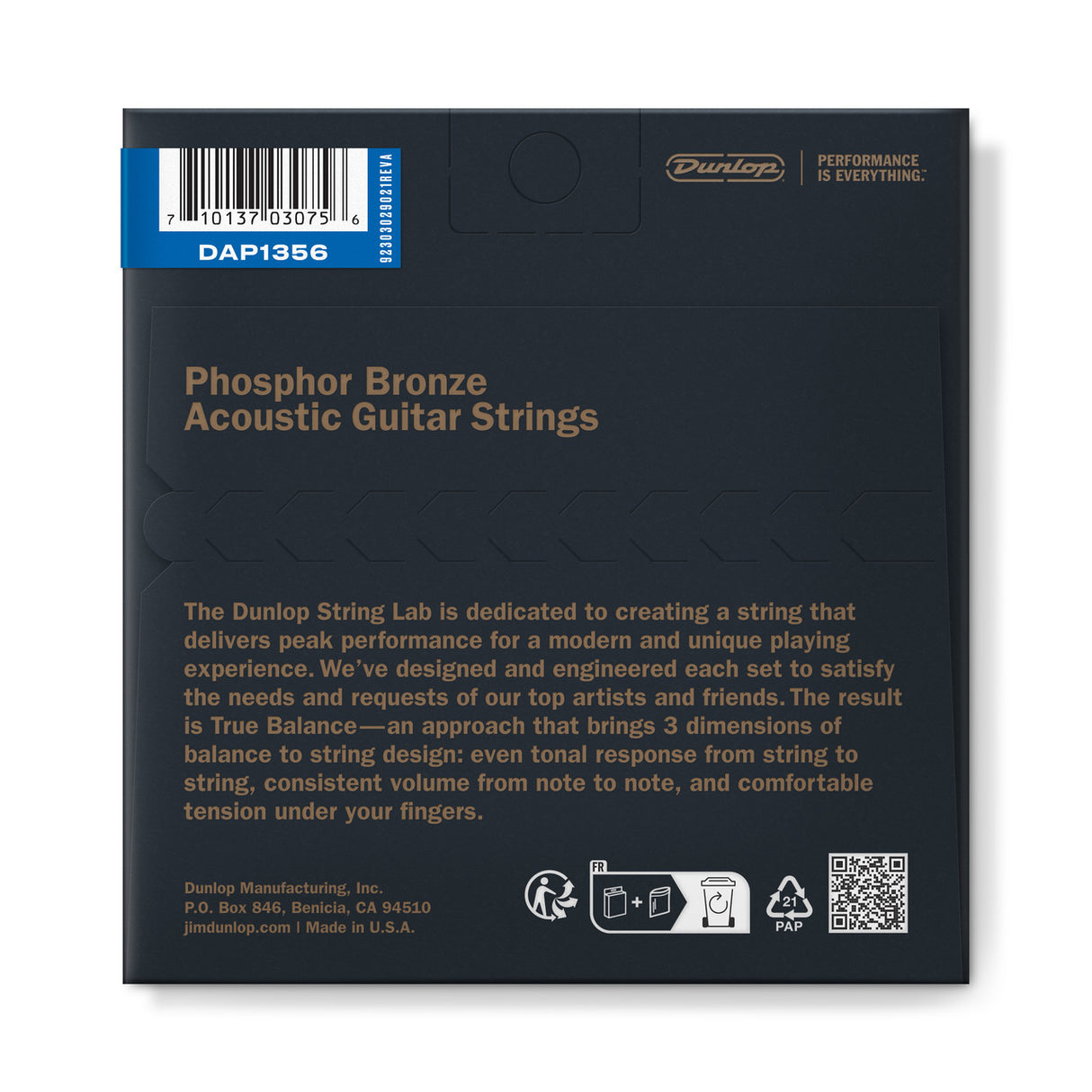 The image shows the back of a Dunlop Phosphor Bronze Acoustic Guitar Strings package, model DAP1356. It features the Dunlop logo and tagline, a barcode, and product details highlighting their "True Balance" design for even tone, consistent volume, and comfortable tension. Made in the USA by Dunlop Manufacturing, Inc., the strings are designed with artist feedback for optimal performance.