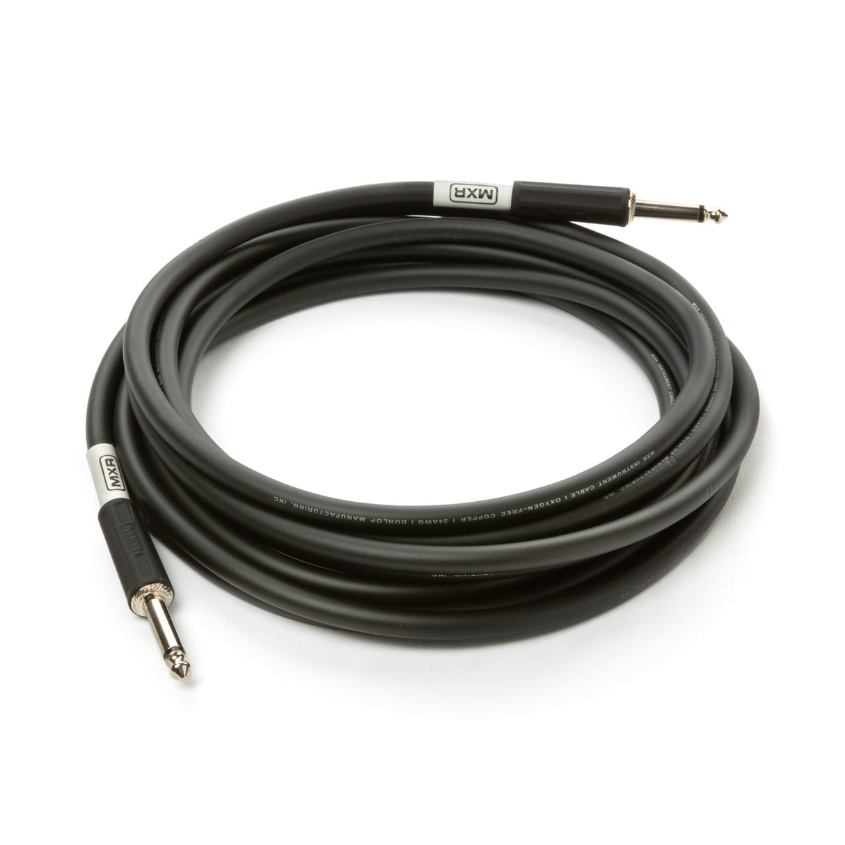 The image shows a coiled black instrument cable with 1/4-inch TS or TRS connectors on both ends, featuring white MXR-branded sleeves. This high-quality cable, used for electric guitars, basses, and keyboards, connects instruments to amps, pedals, or audio gear. Its thick, shielded design helps reduce interference and ensures reliable signal transmission for professional sound quality.