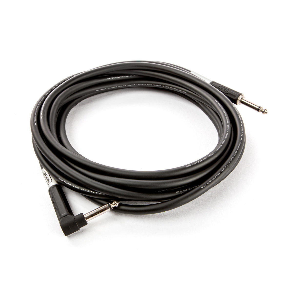 The image shows a black instrument cable with 1/4-inch TS connectors—one straight and one right-angle. Commonly used to connect electric guitars, basses, keyboards, and other electronic instruments to amplifiers or pedals, the right-angle end helps in tight spaces and reduces strain. This professional-quality cable is designed for studio or live use, featuring shielding to minimize noise and ensure reliable audio performance.