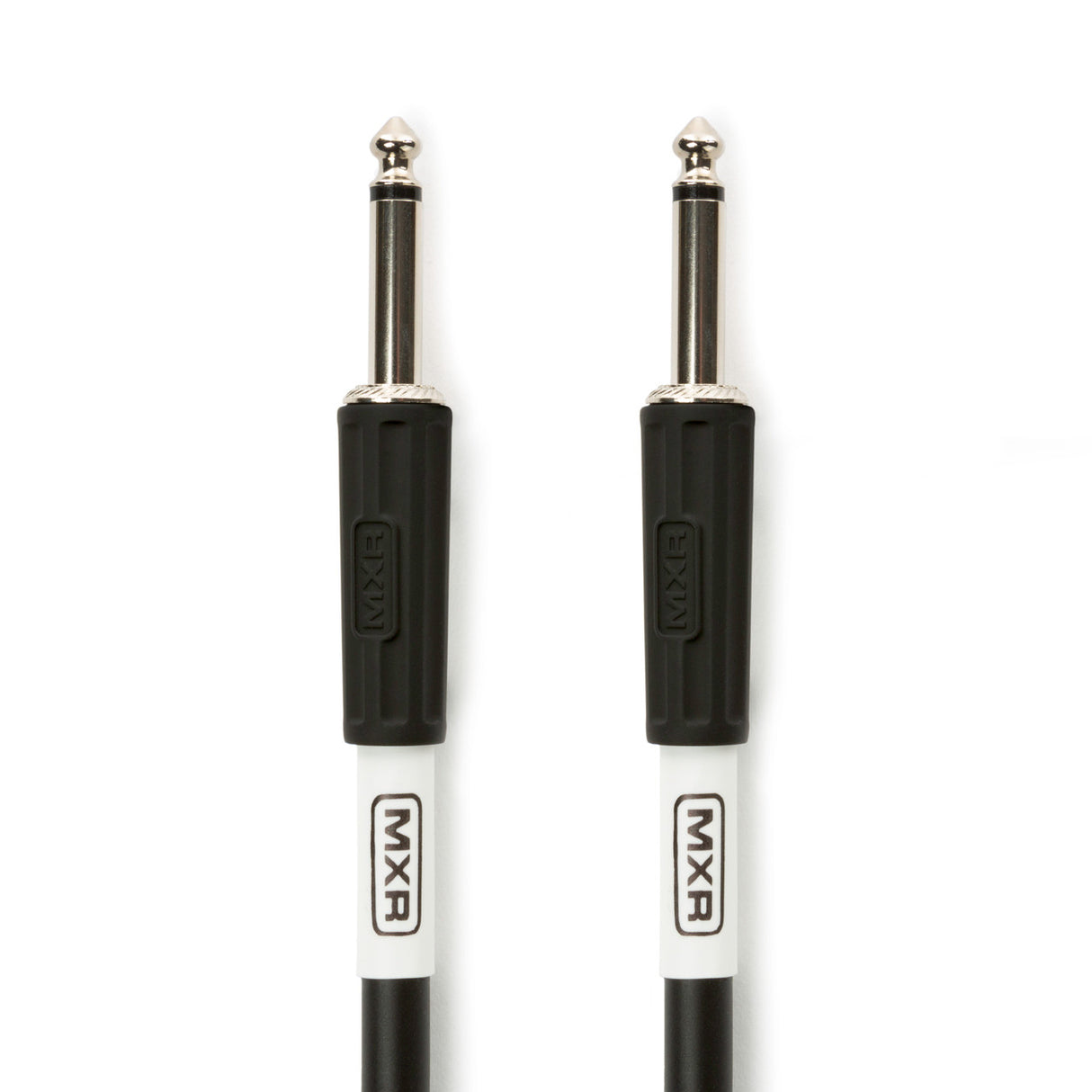 The image shows two MXR professional instrument cables with 1/4" mono TS plugs featuring chrome plating. The cables have black bodies with white center sections, displaying the MXR brand on both the cable and connector housings. Designed for high-quality audio connections, these cables are commonly used with guitars, basses, keyboards, and other instruments for reliable signal transmission in studio or live settings.