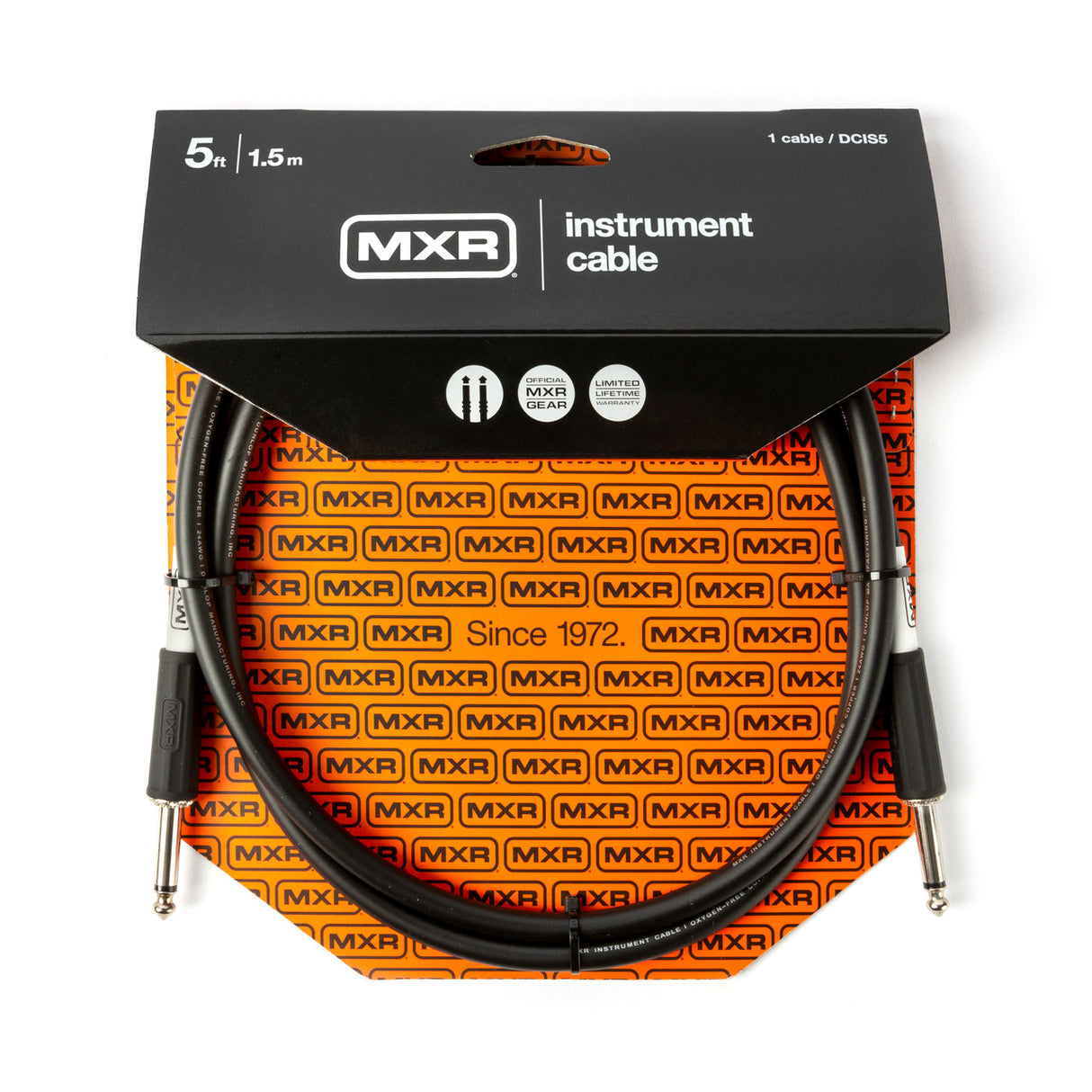 The image shows a 5-foot (1.5 m) MXR instrument cable with black exterior and 1/4" plugs on both ends. It is packaged in MXR’s distinctive black header card with bright orange backing featuring the "MXR" logo and "Since 1972" text. The packaging notes an official MXR product with a limited lifetime warranty, commonly used to connect guitars, basses, keyboards, and other instruments to amps or pedals.