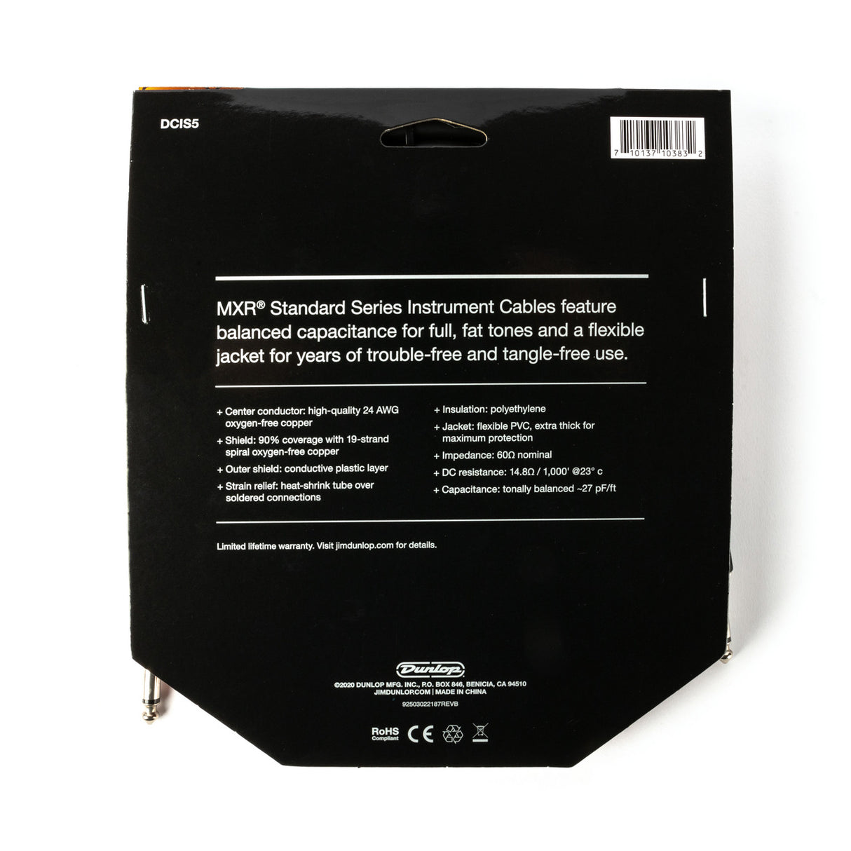 The image shows the back packaging of an MXR Standard Series Instrument Cable by Dunlop. It highlights features like a 24 AWG oxygen-free copper conductor, 90% shield coverage with spiral copper, conductive plastic outer shield, heat-shrink strain relief, flexible PVC jacket, 600 ohm impedance, and balanced capacitance for tone preservation. Designed for durability and full, fat tones, it’s ideal for electric guitarists and musicians connecting instruments to audio gear.