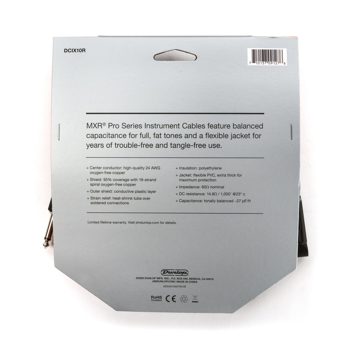 The image shows the back packaging of a Dunlop MXR Pro Series instrument cable (model DCIX10R). It highlights features like a 24 AWG oxygen-free copper conductor, 95% shield coverage with spiral copper, conductive plastic outer shield, flexible PVC jacket, and heat-shrink strain relief. The cable offers balanced capacitance, 600 ohm impedance, low DC resistance, polyethylene insulation, and professional 1/4" connectors for reliable, high-quality instrument signal transmission.