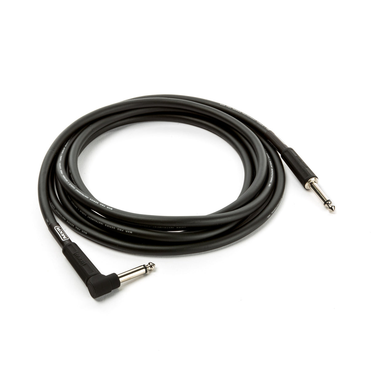 The image shows a coiled black guitar/instrument cable with 1/4" (6.35mm) plugs. One end has a straight connector, and the other has a right-angle plug, commonly used to connect electric guitars, basses, or keyboards to amplifiers or pedals. The right-angle end reduces strain on the instrument jack. The cable appears professional-quality, designed to maintain signal integrity and minimize noise.
