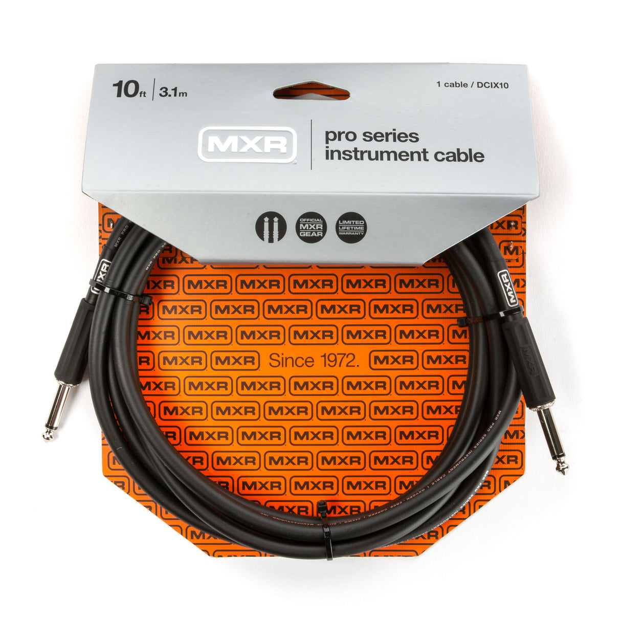 The image shows an MXR Pro Series Instrument Cable, model DCIX10, 10 feet long, with 1/4" mono plugs on both ends. The black, heavy-duty cable is designed for professional use, connecting instruments like guitars and keyboards to amps or audio gear. The packaging features the MXR brand, established since 1972, and includes "Official MXR Gear" and "Limited Lifetime Warranty" badges.
