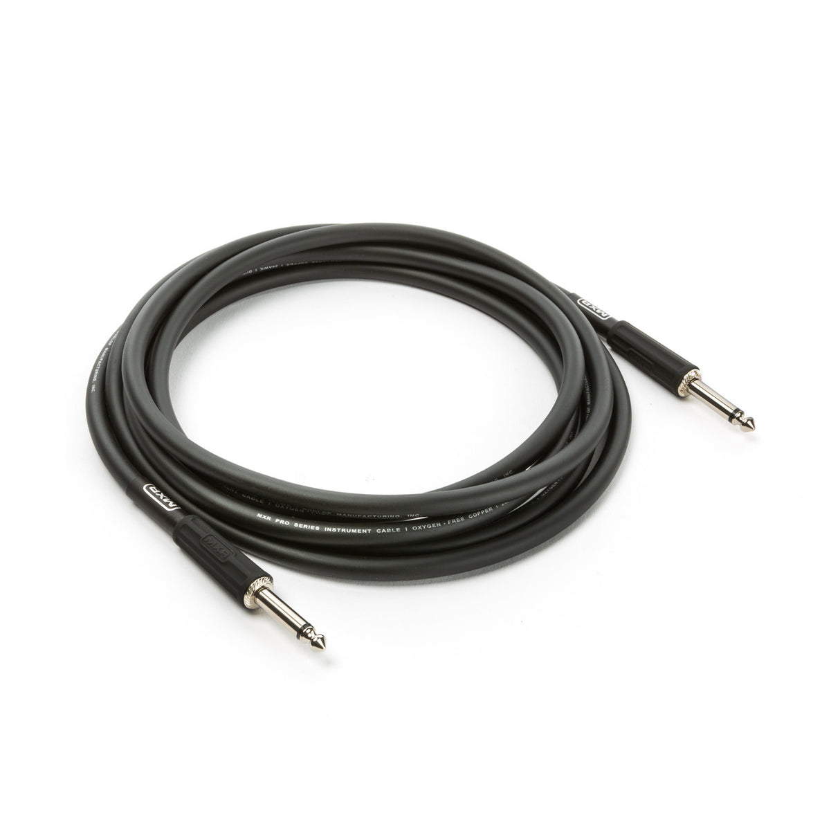 The image shows a professional black instrument cable with 1/4-inch TS connectors on both ends, designed for electric guitars, basses, keyboards, and effects pedals. The cable features "PRO SERIES INSTRUMENT CABLE" and "OXYGEN-FREE COPPER" text on the jacket, indicating high-quality construction for improved signal and reduced interference. It is coiled, suggesting a retail product photo for musicians needing reliable audio connections.