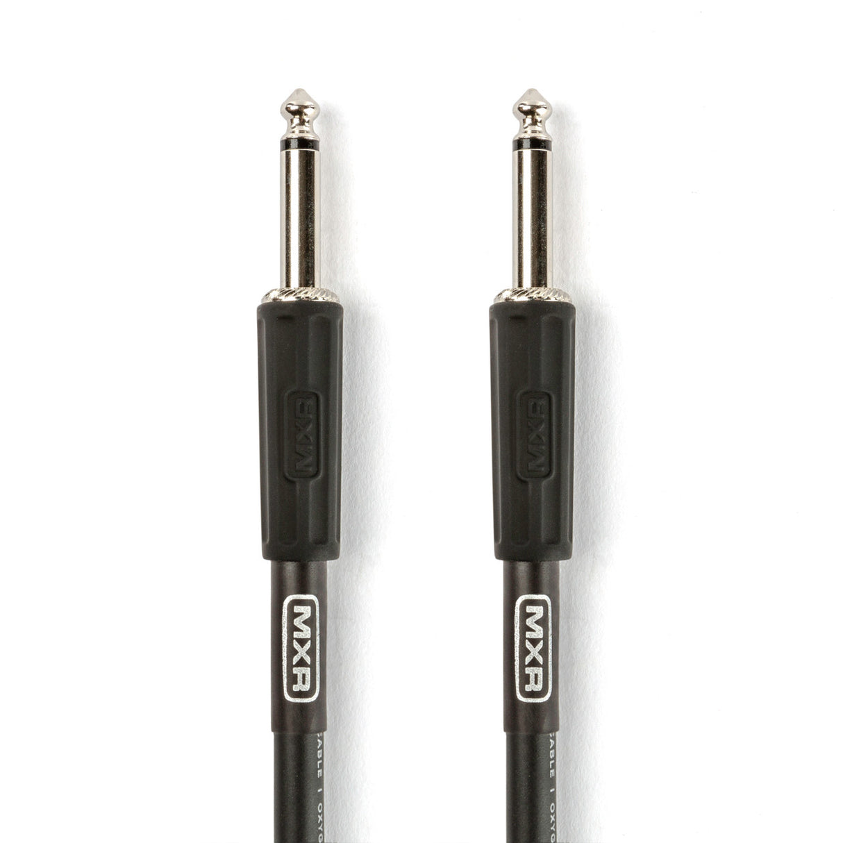 The image shows two MXR 1/4 inch (6.35mm) TS or TRS audio cables, commonly used in music for connecting electric guitars, basses, keyboards, and other instruments to amplifiers, mixers, or recording gear. These essential instrument cables provide reliable audio signal transmission and are standard accessories in professional music setups.