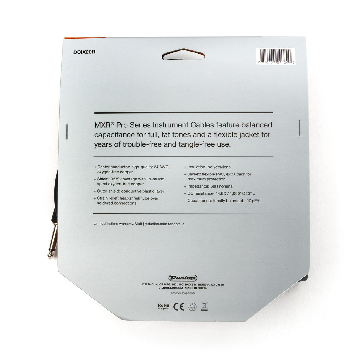 The image shows the packaging for a Dunlop MXR Pro Series DCIX20R instrument cable. It highlights features like balanced capacitance for rich tone, flexible tangle-free jacket, 60Ω impedance, and 24 AWG oxygen-free copper conductor. The cable has 95% shield coverage, polyethylene insulation, thick PVC jacket, and heat-shrink strain relief. Designed for professional guitar and instrument use, it includes 1/4" plugs and a limited lifetime warranty.