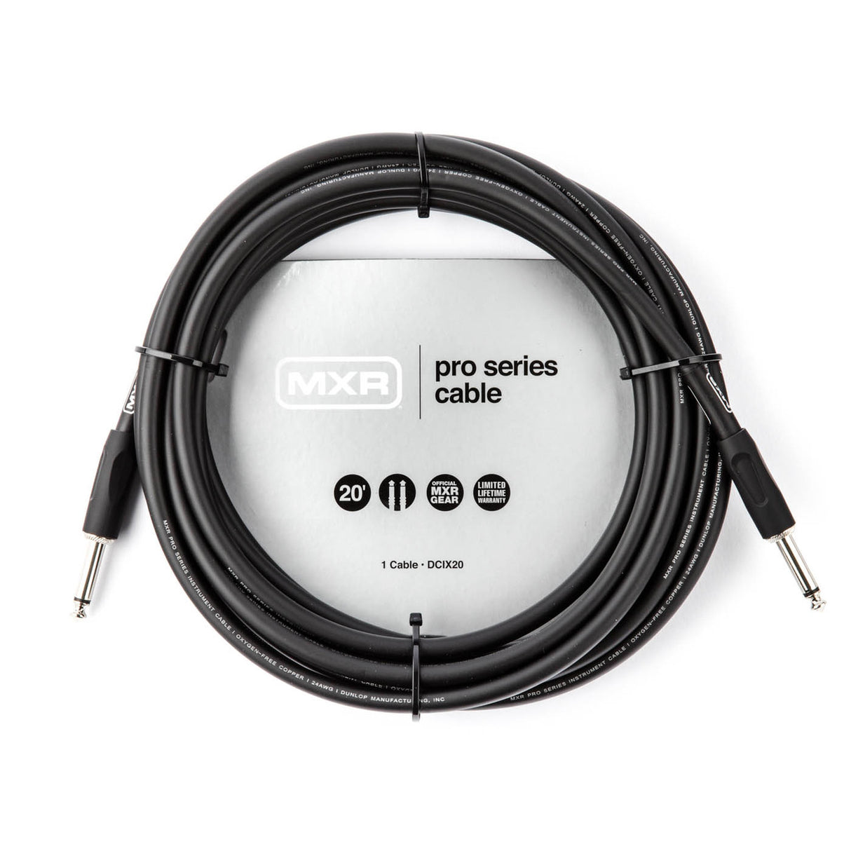 The image shows an MXR Pro Series 20-foot instrument cable, model DCIX20, with black connectors and cable. It features standard 1/4" plugs, is labeled "Artist Gear," and includes a limited lifetime warranty. Designed for electric guitars, basses, and keyboards, this professional-grade cable is known for durability and high-quality audio performance.