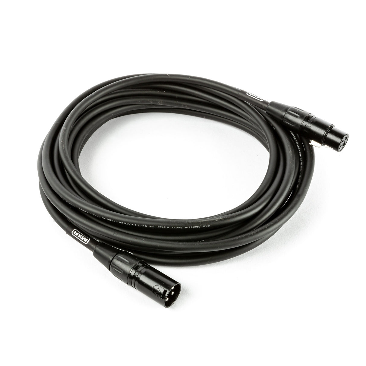 The image shows a professional XLR microphone cable with male and female 3-pin connectors, a black shielded jacket, and a coiled length. Designed for studio, live sound, and audio production, it offers balanced audio transmission and secure locking connectors to reduce noise and prevent accidental disconnection, making it essential for connecting microphones to audio interfaces, mixers, and PA systems.