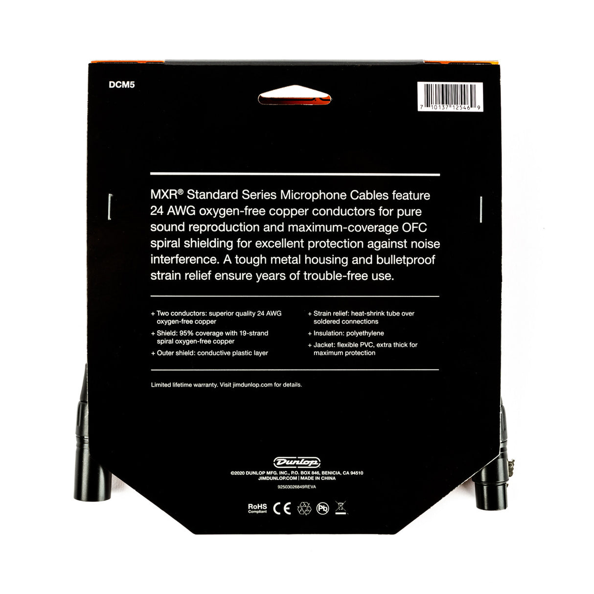 The image shows the back packaging of a Dunlop MXR Standard Series DCM5 professional microphone cable. Key features include 24 AWG oxygen-free copper conductors, 95% coverage OFC spiral shielding, noise protection, metal housing with strain relief, heat-shrink connections, polyethylene insulation, and a flexible PVC jacket. Branding, certifications, and "Made in China" are also visible.