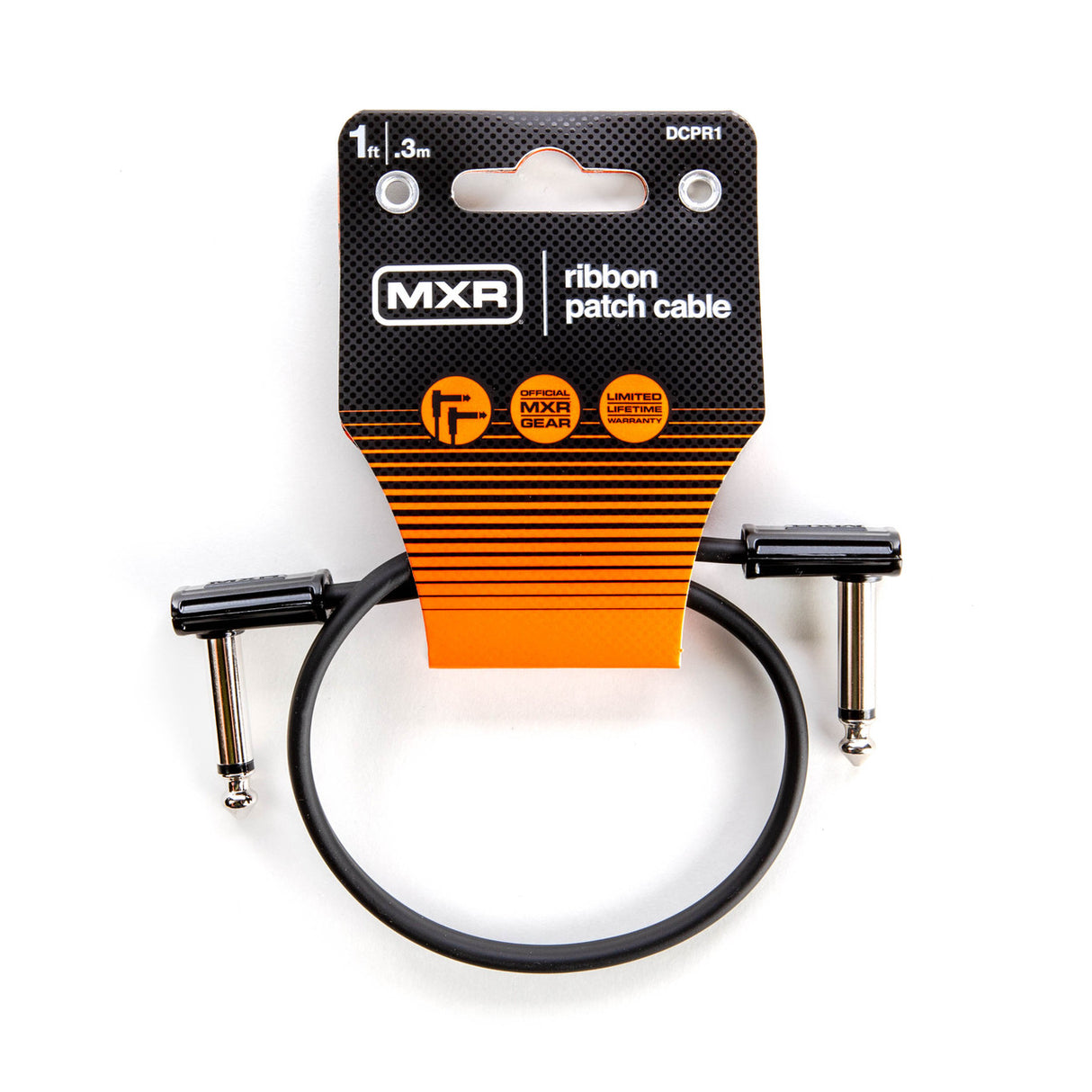 The image shows an MXR DCPR1 ribbon patch cable, a 1-foot (0.3m) guitar cable with right-angle 1/4" TS connectors. It features a flat ribbon design for reduced pedalboard clutter and compact, tight setup compatibility. The black and orange packaging has a carbon fiber texture. This official MXR cable is ideal for chaining effects pedals neatly and includes a limited lifetime warranty.