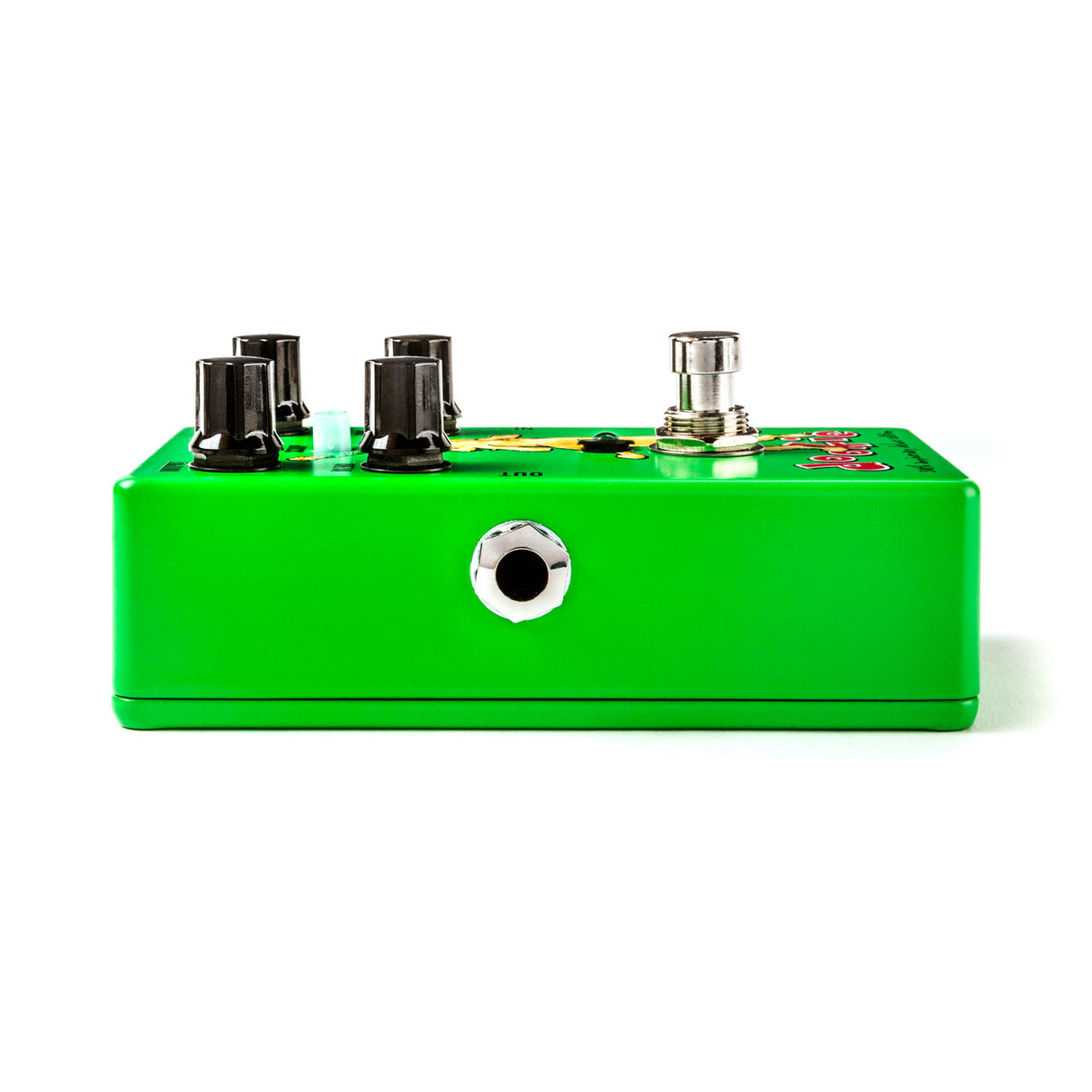 The image shows a bright green compact guitar effects pedal with four black control knobs, a metal footswitch on the top right, and a 1/4" input/output jack on the side. This stompbox pedal, typical in size and design, is used by guitarists to modify their sound with effects like distortion or delay and fits easily on a pedalboard.