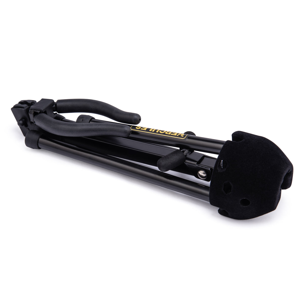 A black saxophone stand folded up on a white background