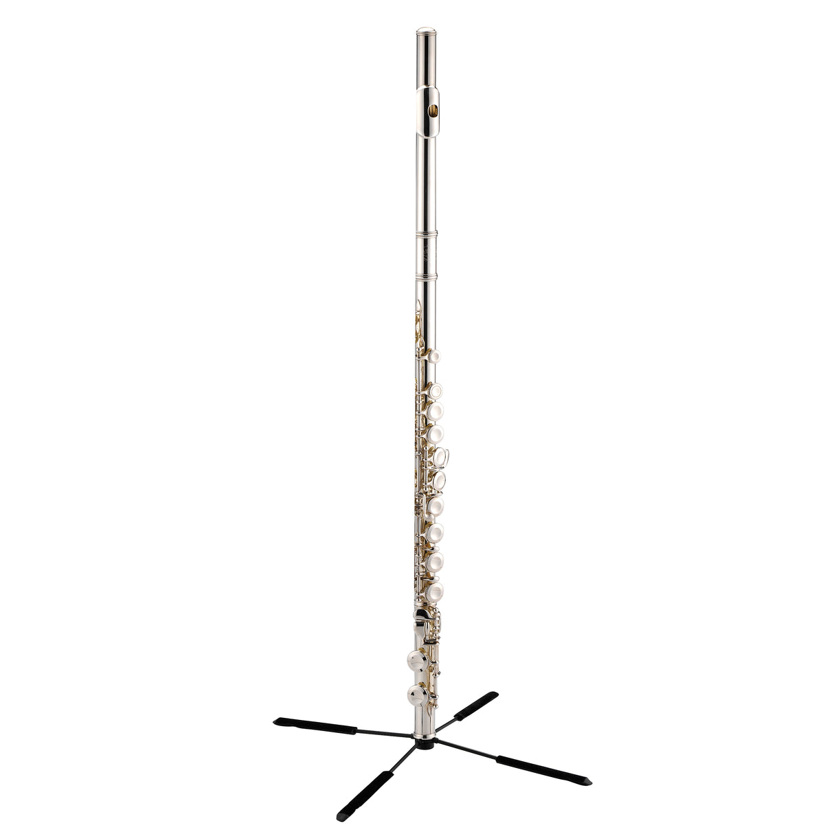 A silver flute resting on a black flute stand