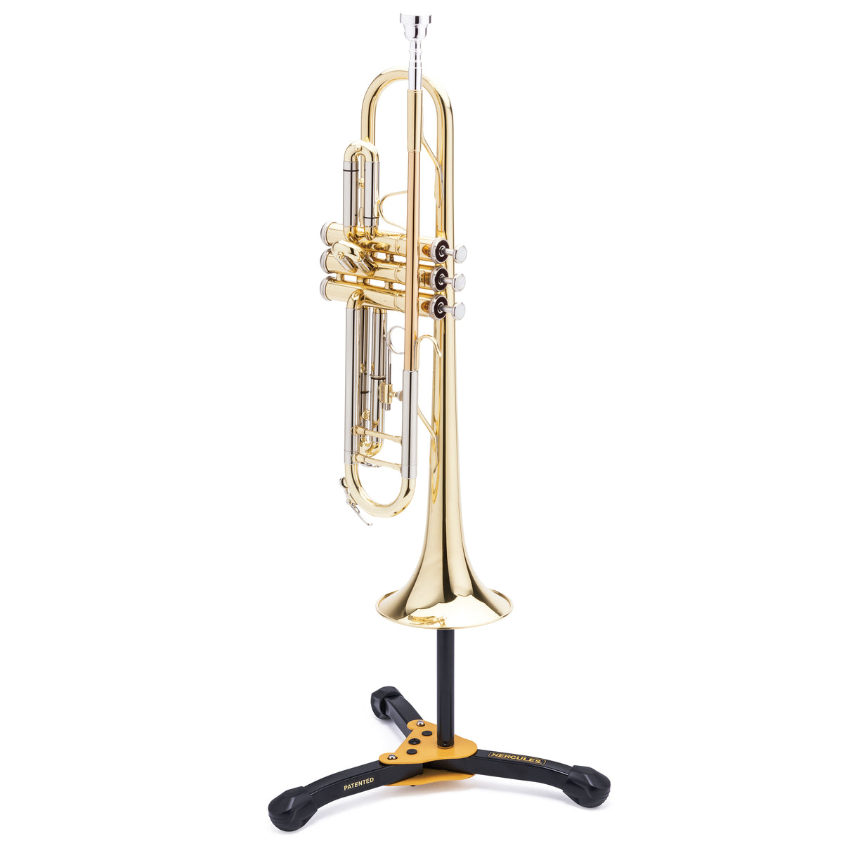 A gold trumpet resting on a black and yellow trumpet stand with Hercules branding