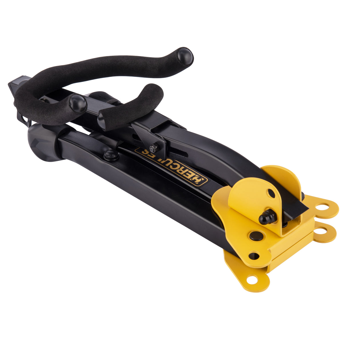A black and yellow saxophone stand with Hercules branding folded up in a compact size and shape