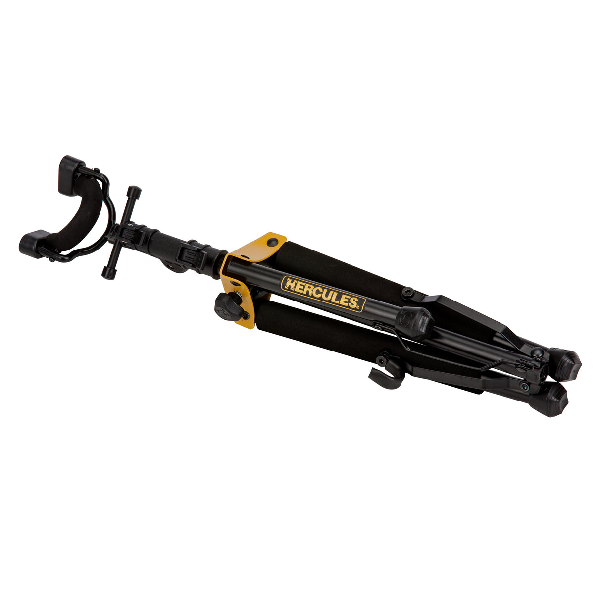 Black and yellow violin stand with Hercules branding folded up into a compact size and shape on a white background