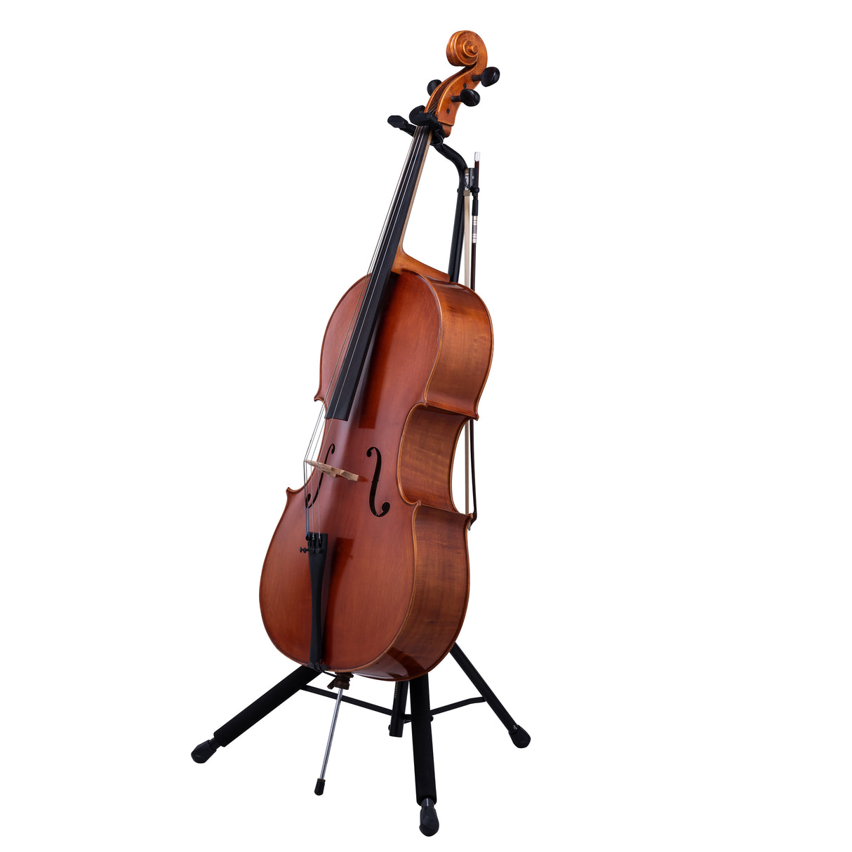 A cello resting in a black cello stand on a white background