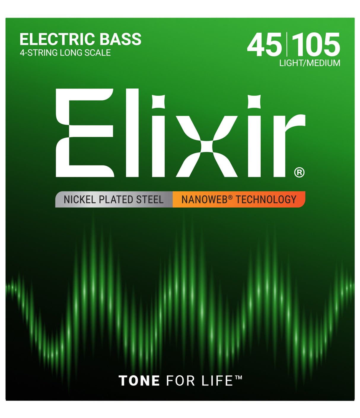 The image shows the packaging for Elixir 4-string long scale electric bass guitar strings, gauge 45-105 (light/medium tension). The package highlights Nickel Plated Steel cores, NANOWEB coating for extended tone life, and the "TONE FOR LIFE" tagline. The design features a green-to-black gradient with a sound wave graphic, reflecting a modern, audio-themed look.
