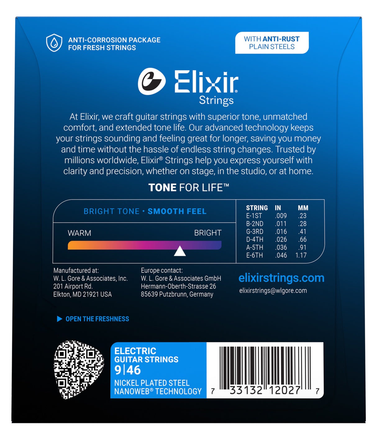 The image shows the packaging for Elixir electric guitar strings, model 9146, featuring nickel-plated steel strings with NANOWEB® coating. It highlights a light gauge set (.009–.046), anti-corrosion packaging, anti-rust plain steel strings, and "Tone for Life" technology for extended string life. The bright tone and smooth feel are emphasized, along with Elixir branding, manufacturer info, and a QR code for more details.