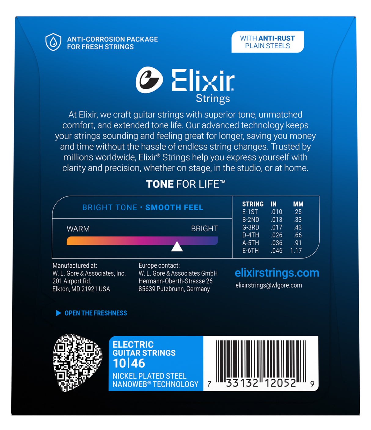 The image shows packaging for Elixir electric guitar strings (10-46 gauge). Features include nickel-plated steel with NANOWEB® coating, anti-rust plain steel strings, anti-corrosion packaging, and "Tone for Life" technology for bright tone and extended life. The gauge chart lists string sizes from .010" to .046". Manufactured by W.L. Gore & Associates, the package includes a QR code, barcode, and directs to elixirstrings.com.