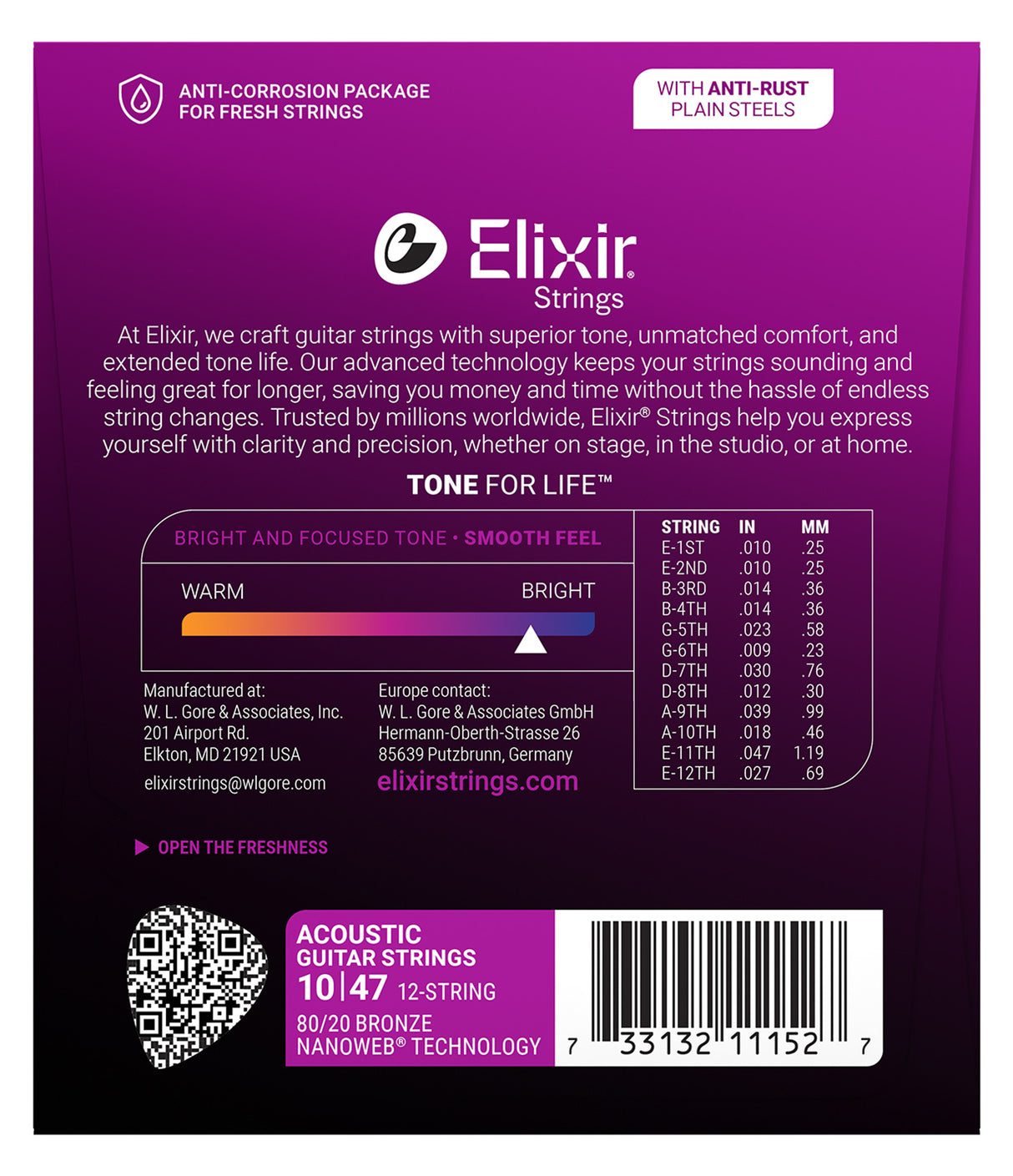 The image shows the back of an Elixir 12-string acoustic guitar strings package (10-47 gauge) featuring 80/20 Bronze with NANOWEB® coating. Highlights include "TONE FOR LIFE™," bright tone, smooth feel, a tone spectrum, string gauge table, and anti-corrosion packaging. Manufactured by W. L. Gore & Associates in the USA, with European contacts and a QR code. It emphasizes long-lasting tone, comfort, and value.