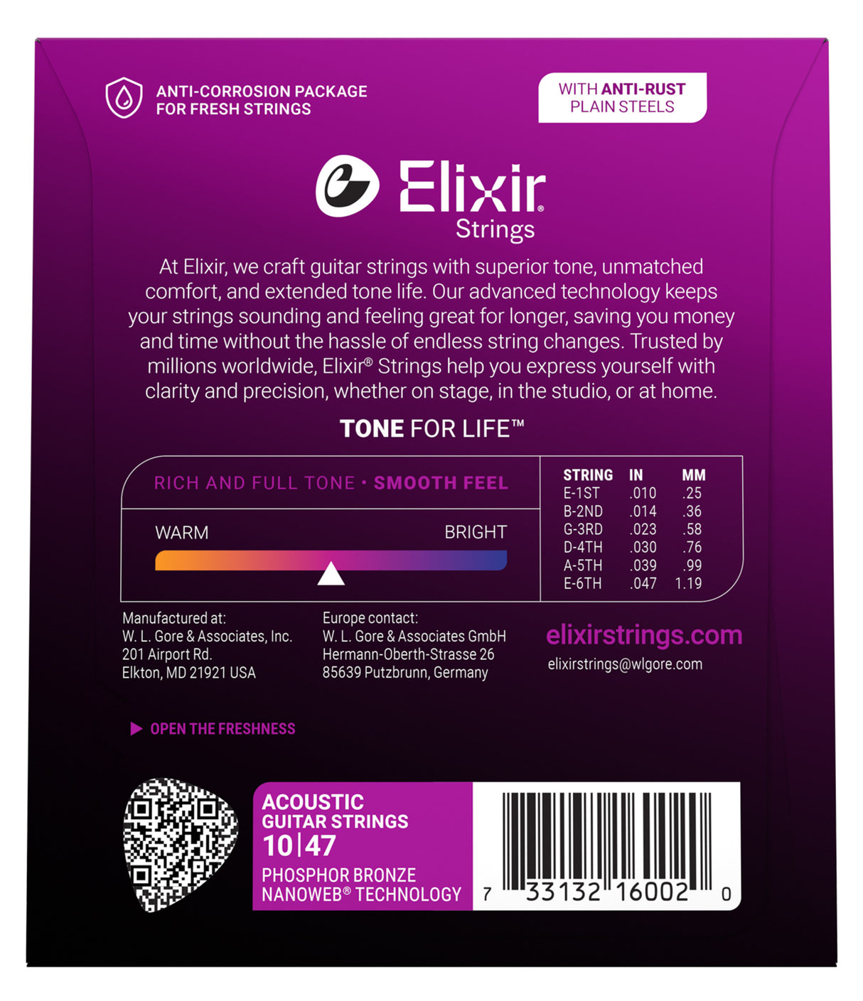 The image shows packaging for Elixir acoustic guitar strings, gauge 10-47 (extra light), made with Phosphor Bronze and NANOWEB® coating. Features include anti-corrosion packaging, “TONE FOR LIFE™” technology, and a warm-to-bright tone spectrum. Individual string gauges are listed. The package includes a QR code, barcode, company info, and the website elixirstrings.com. Known for long-lasting tone and smooth feel.