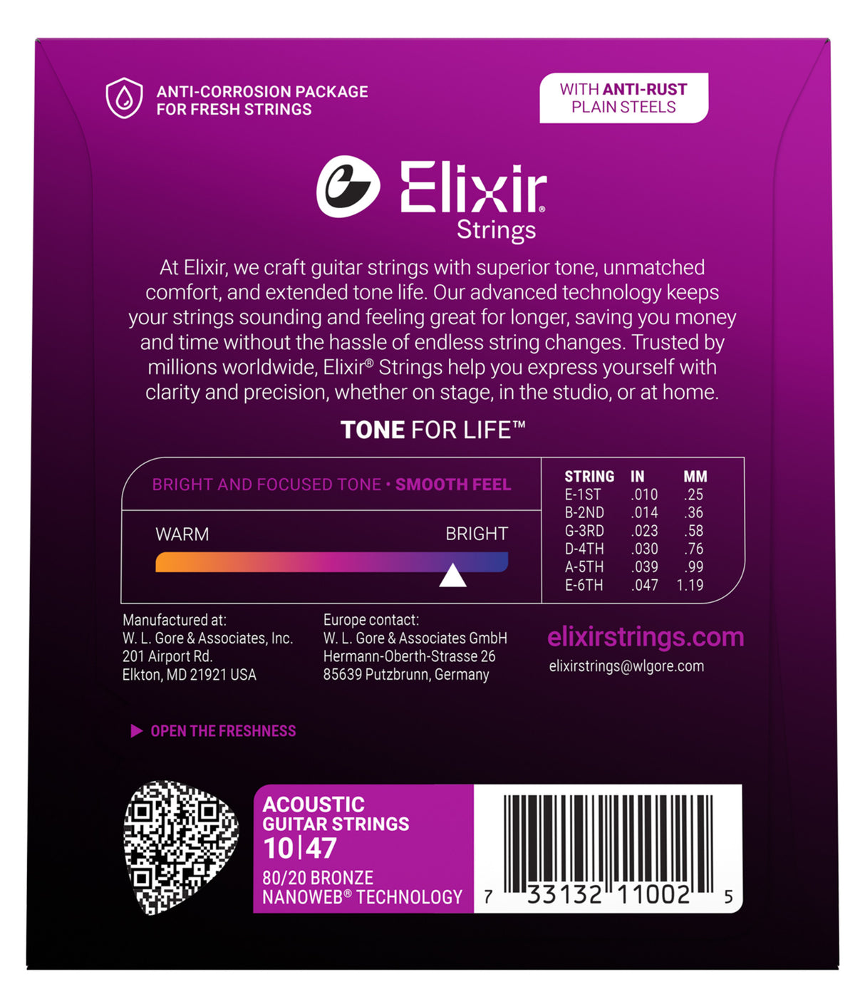 The image shows packaging for Elixir acoustic guitar strings, 80/20 Bronze NANOWEB coated, extra light gauge 10-47. It highlights anti-corrosion and anti-rust features, a string gauge chart (.010–.047"), and key benefits like long-lasting bright tone, smooth feel, and durability. The design features a purple/magenta color scheme, a QR code, barcode, and elixirstrings.com branding.