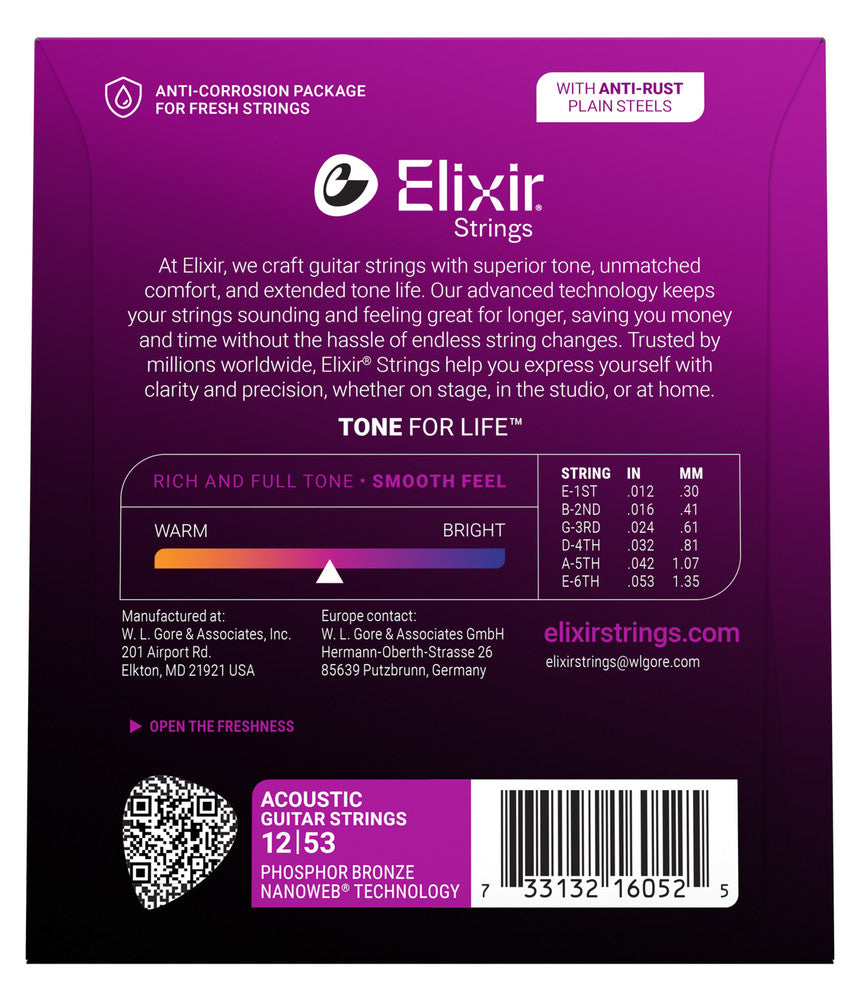 The image shows the back of an Elixir acoustic guitar strings package (12-53 gauge). It highlights Phosphor Bronze strings with Nanoweb coating, featuring anti-corrosion packaging and anti-rust plain steel. Key points include "Tone for Life," extended tone life, and a tone spectrum from warm to bright. String gauges, a QR code, website, manufacturer info, and barcode are visible on purple/magenta packaging.