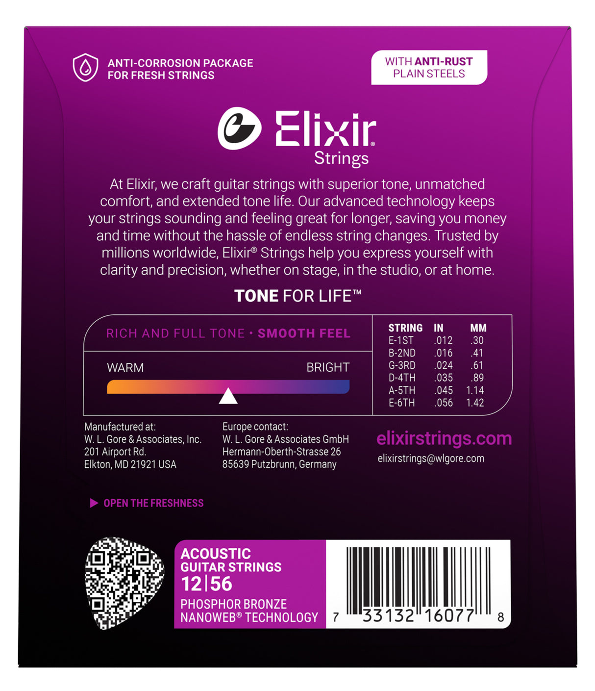 The image shows packaging for Elixir acoustic guitar strings, Phosphor Bronze Nanoweb, light gauge 12-56. The purple box features the Elixir logo, string gauges (E1: .012, B2: .016, G3: .024, D4: .035, A5: .045, E6: .056), and highlights like "Tone for Life," rich tone, smooth feel, and corrosion resistance. It includes a tone spectrum, QR code, and UPC barcode, emphasizing durability and extended tone life.