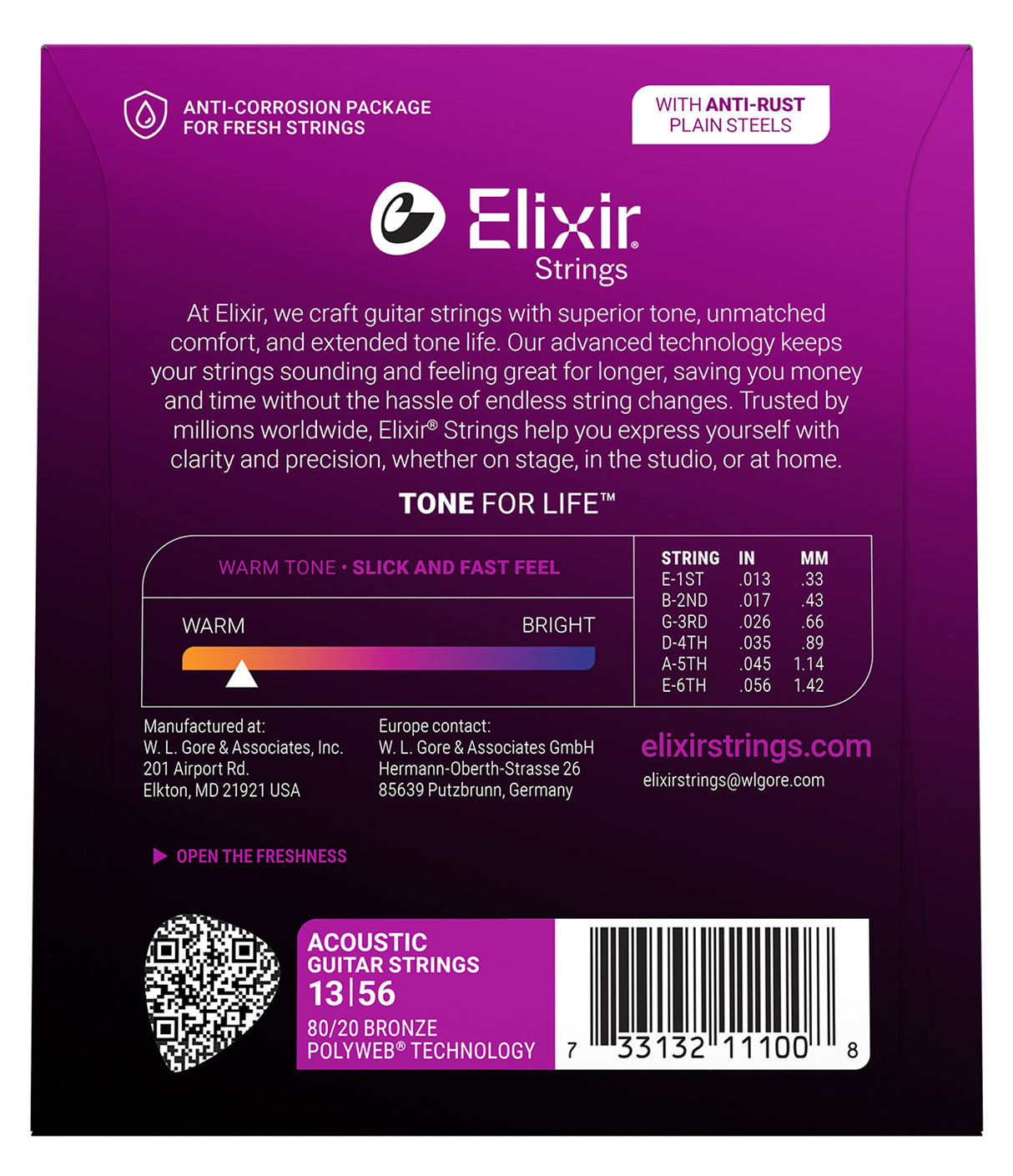 The image shows packaging for Elixir Acoustic Guitar Strings, 80/20 Bronze Polyweb coated medium gauge (13-56). Features include anti-rust plain steel, anti-corrosion packaging, "Tone for Life" technology, warm tone, fast feel, and extended tone life. The gauge chart lists string sizes from .013 to .056 inches. The purple/magenta package highlights Elixir’s premium quality and contact info for US and Europe markets.