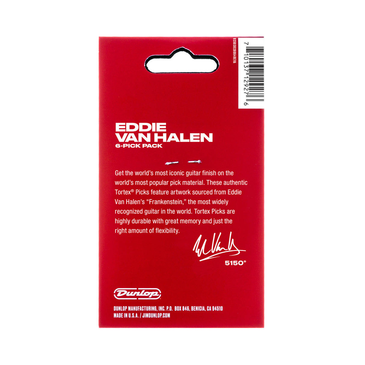 The image shows a package of six Eddie Van Halen signature Tortex® guitar picks by Dunlop, featuring artwork inspired by Van Halen’s iconic "Frankenstein" guitar. The red packaging includes Eddie’s signature and highlights the durable, flexible Tortex material. These medium-gauge picks reference the 5150 amplifier and serve as both collectible items and functional accessories for fans and guitarists.