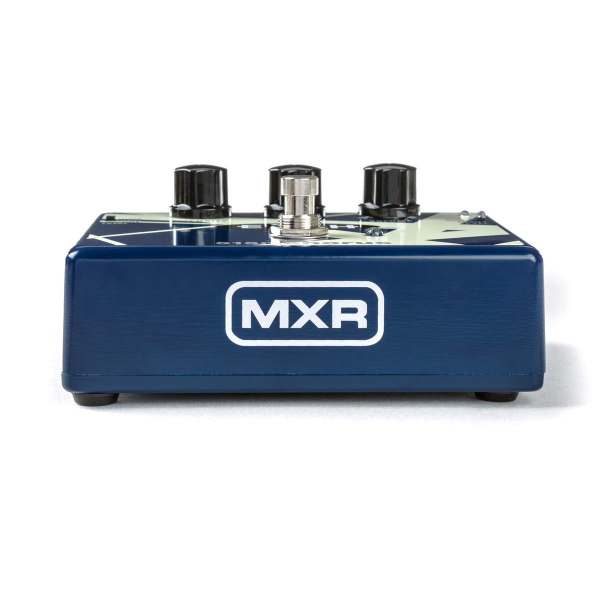 The image shows an MXR guitar effects pedal with a blue/navy metal housing and a white "MXR" logo on the front. It features two black control knobs, a central metal threaded jack, and a footswitch area. MXR is a well-known brand producing durable, high-quality analog and digital effects pedals used by guitarists to shape their sound in both live and studio settings.