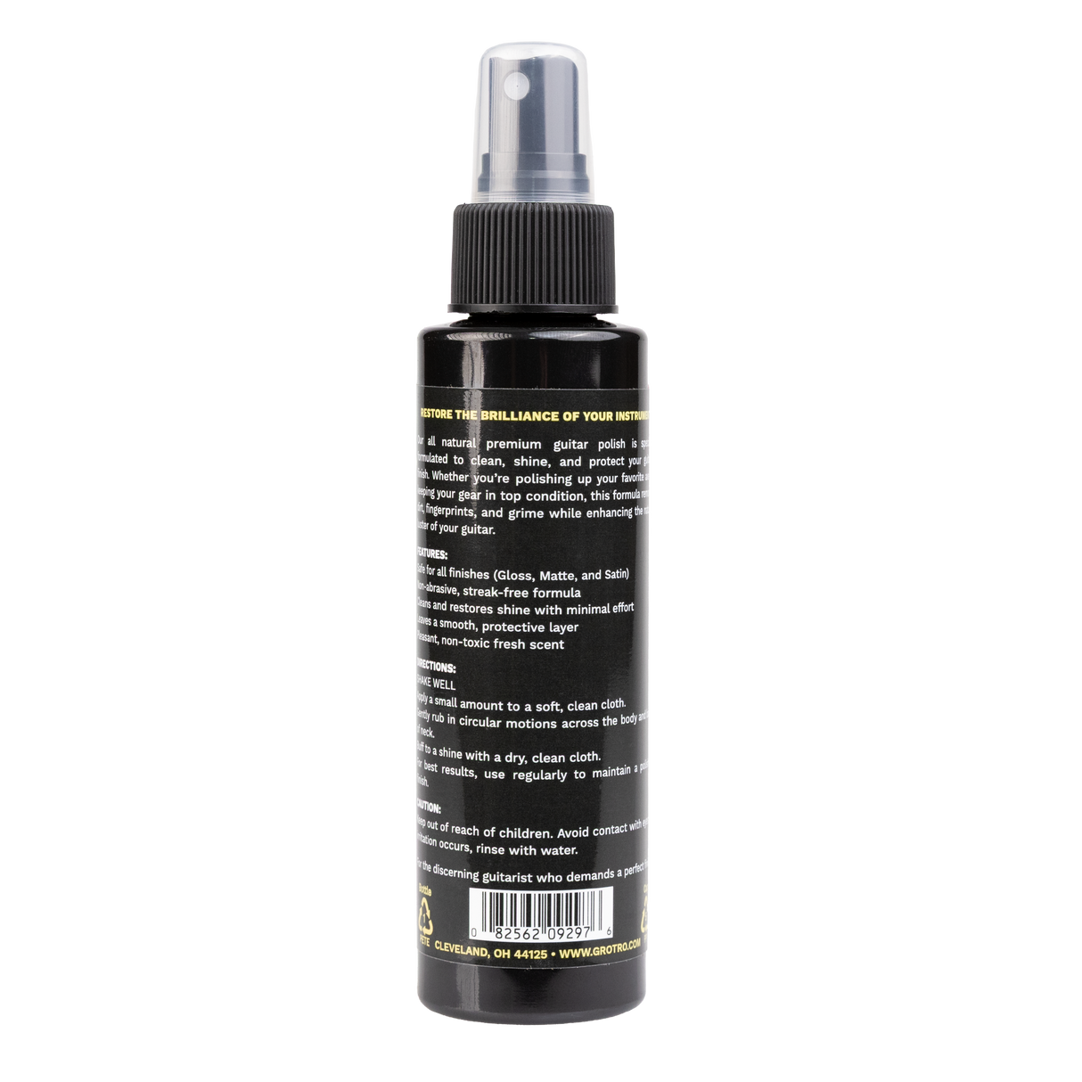 Grover guitar polish spray bottle with product details on a white background