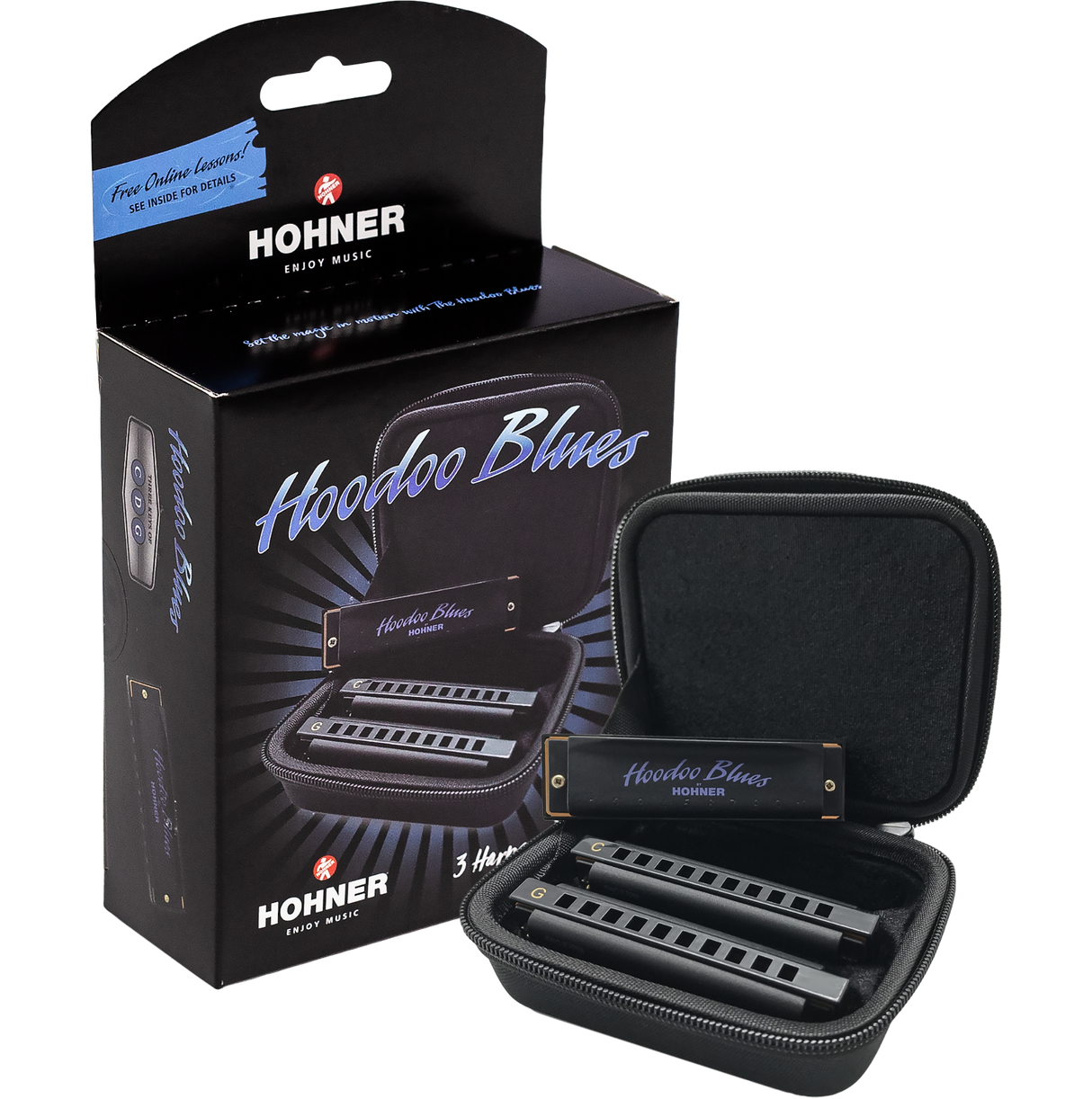 The image shows a Hohner "Hoodoo Blues" harmonica set, including a black retail box featuring the logo, "Free Online Lessons!" text, and mention of 3 harmonicas. An open black zippered carrying case displays three harmonicas in different keys for blues playing. Designed for beginners or intermediates, the set is ideal for exploring blues music with convenient portability.