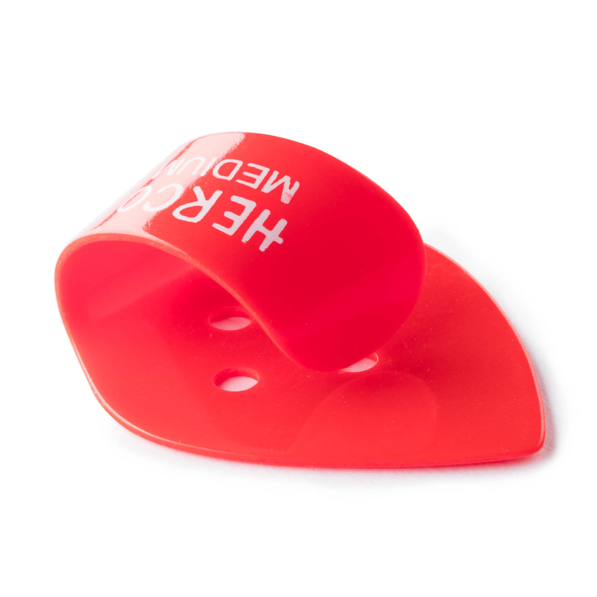 Red plastic thumbpick with Herco branding on a white background
