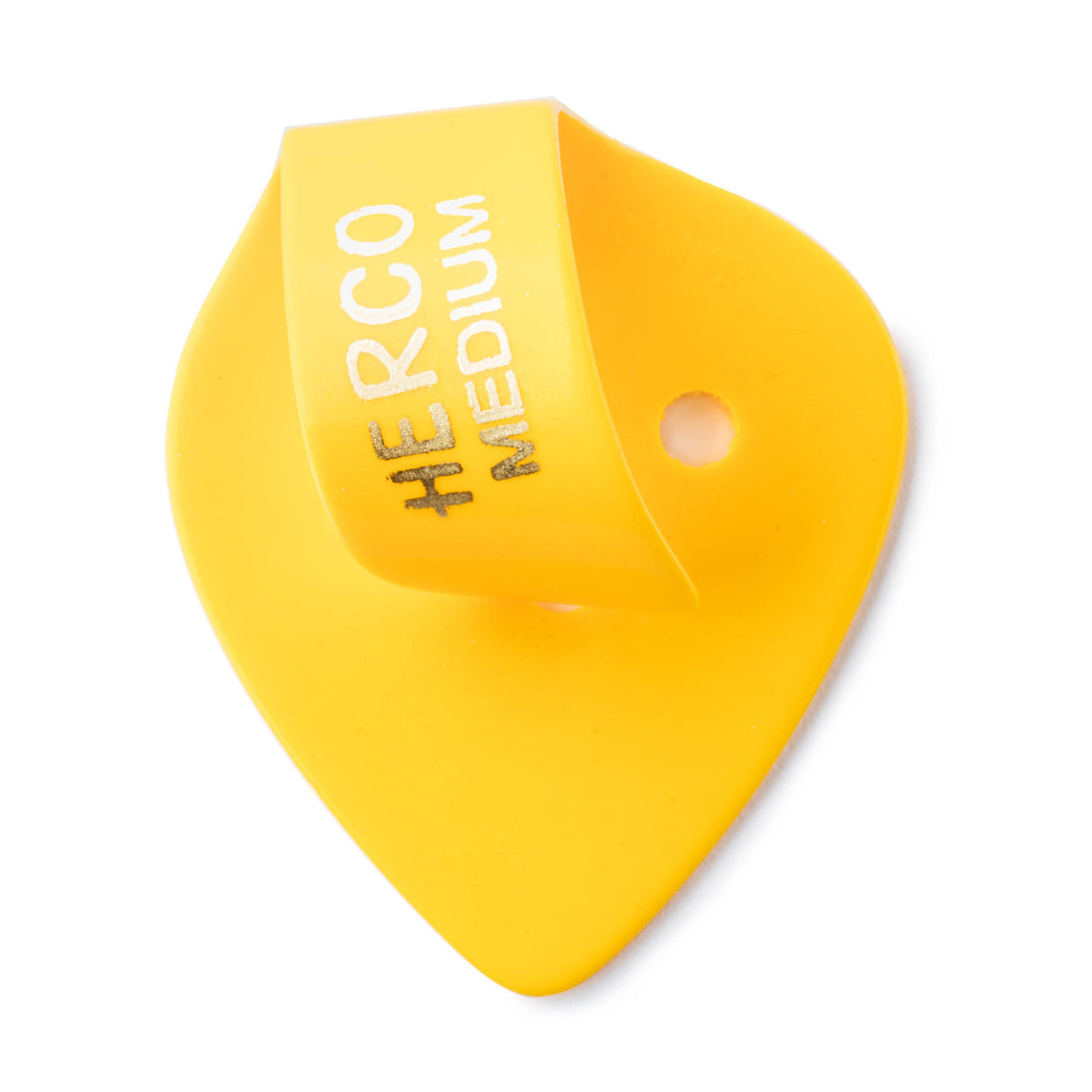 Yellow plastic thumbpick with Herco branding on a white background