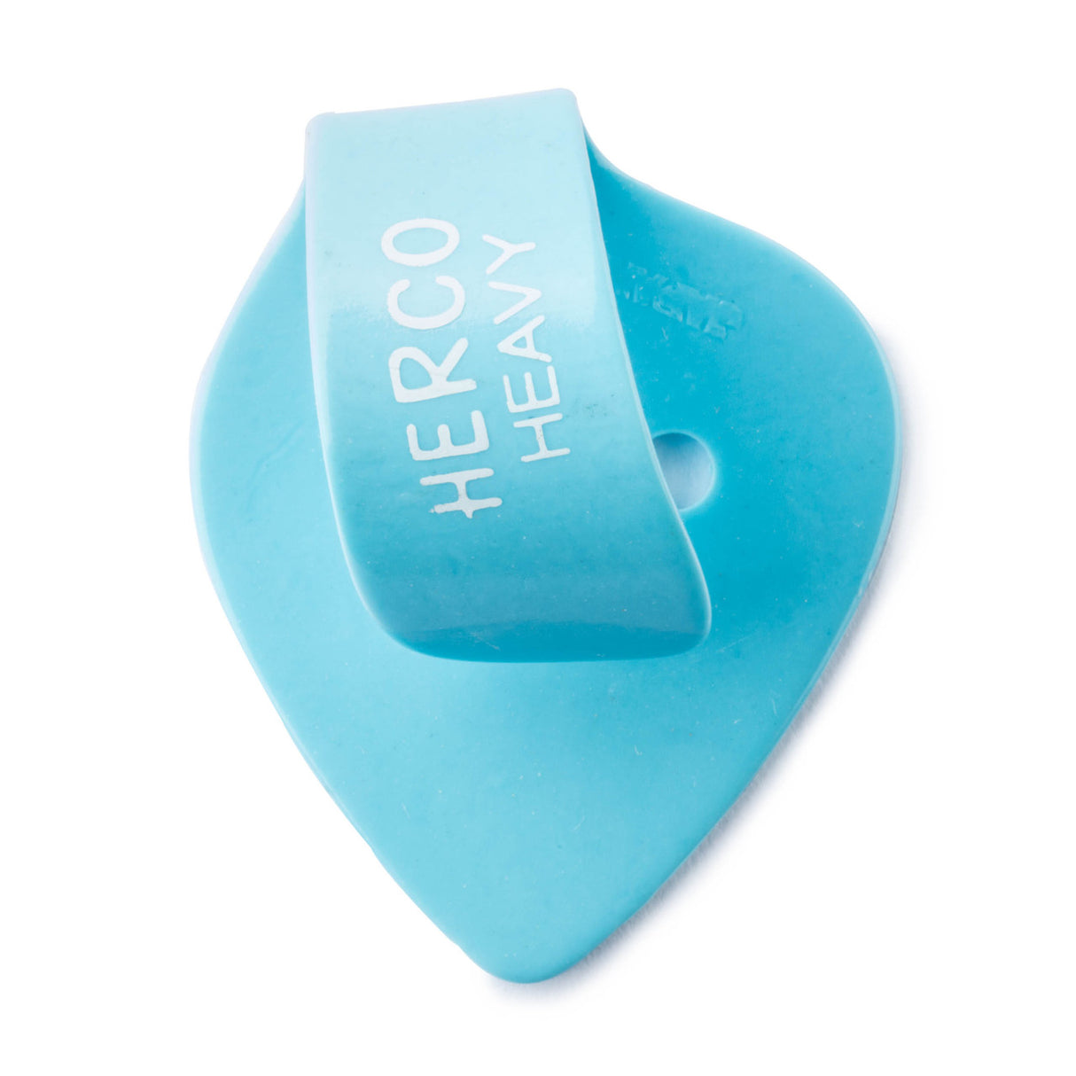 Blue plastic thumbpick with Herco branding on a white background