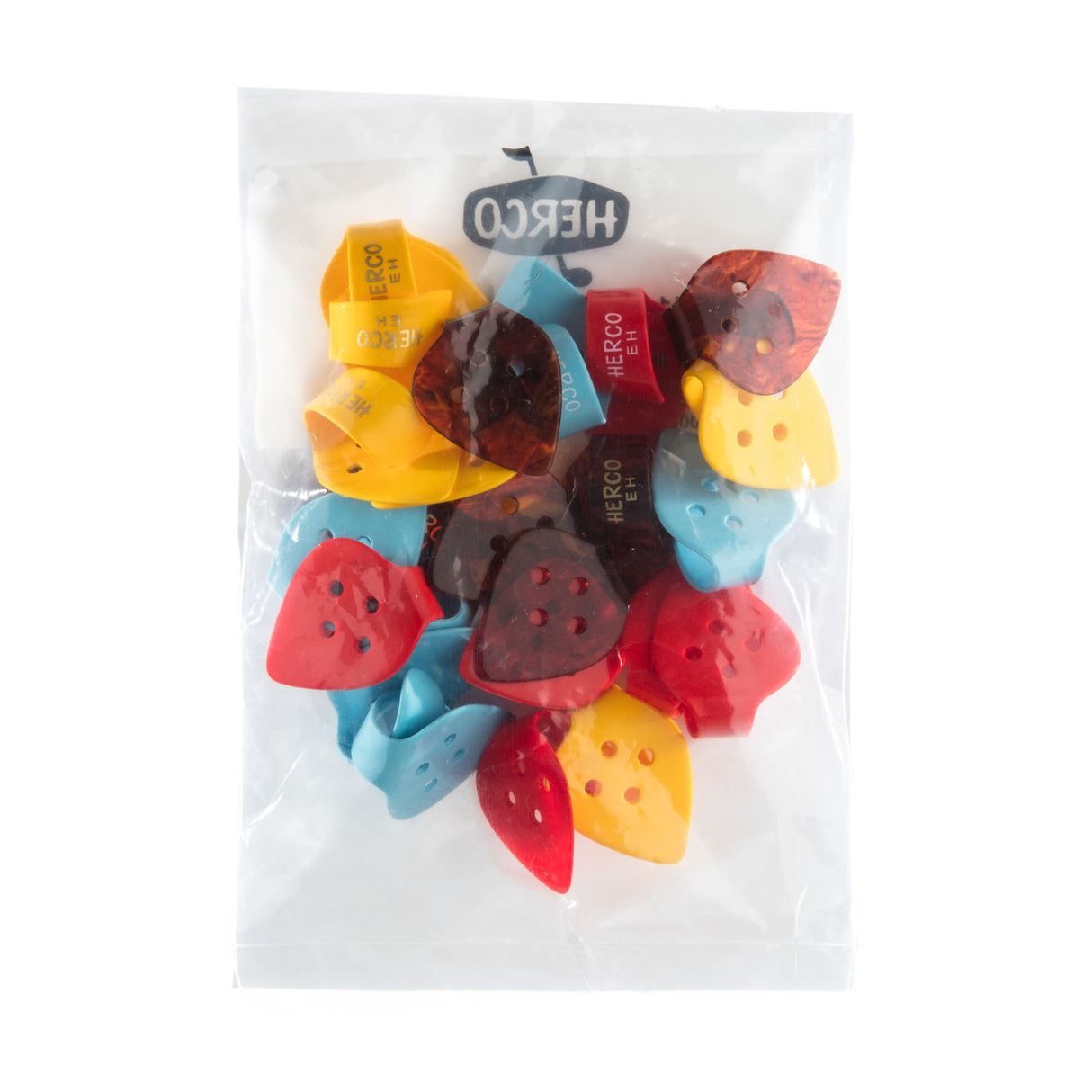 Packaged thumbpicks with colorful designs on a white background