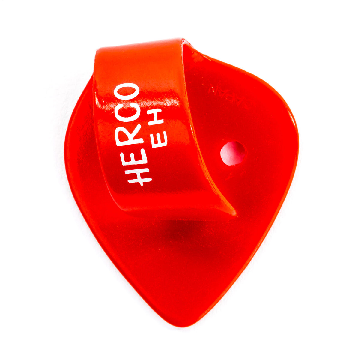 Red plastic thumbpick on a white background
