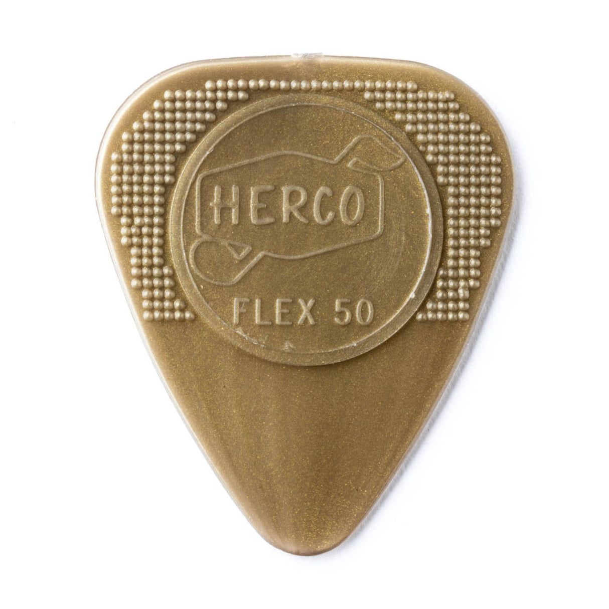 Gold Herco branding guitar pick on a white background