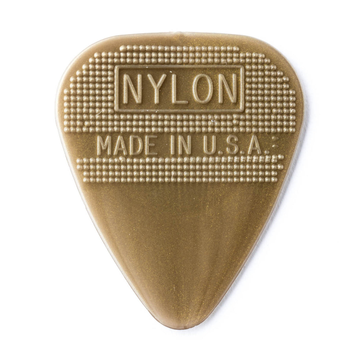 Gold guitar pick on a white background