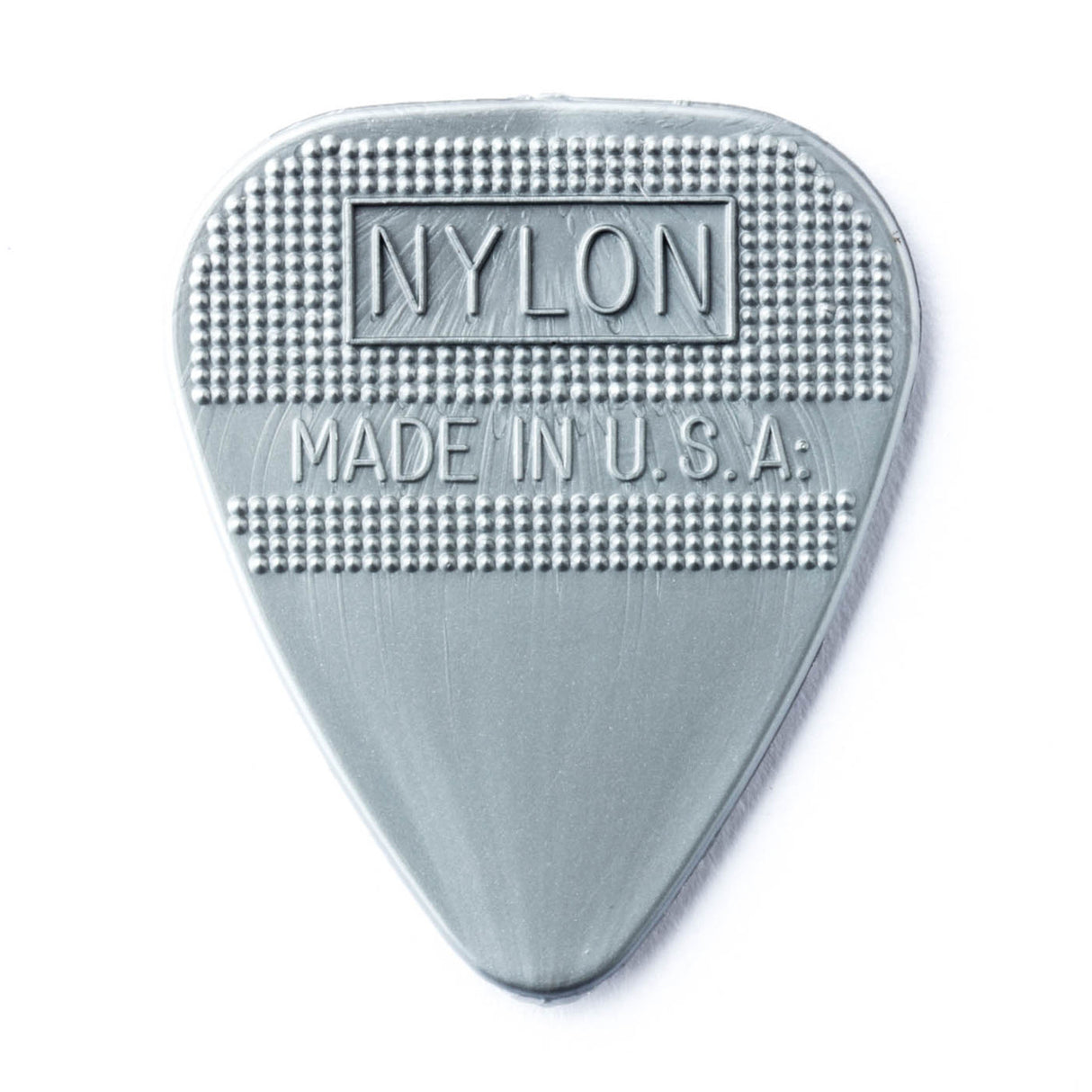 Silver guitar pick with 'Nylon' and 'Made in U.S.A.' text on a white background