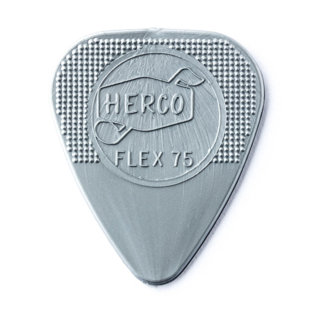 Silver guitar pick with 'HERCO' branding on a white background