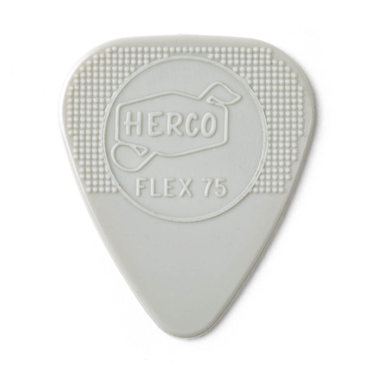 Gray guitar pick with 'HERCO' branding on a white background