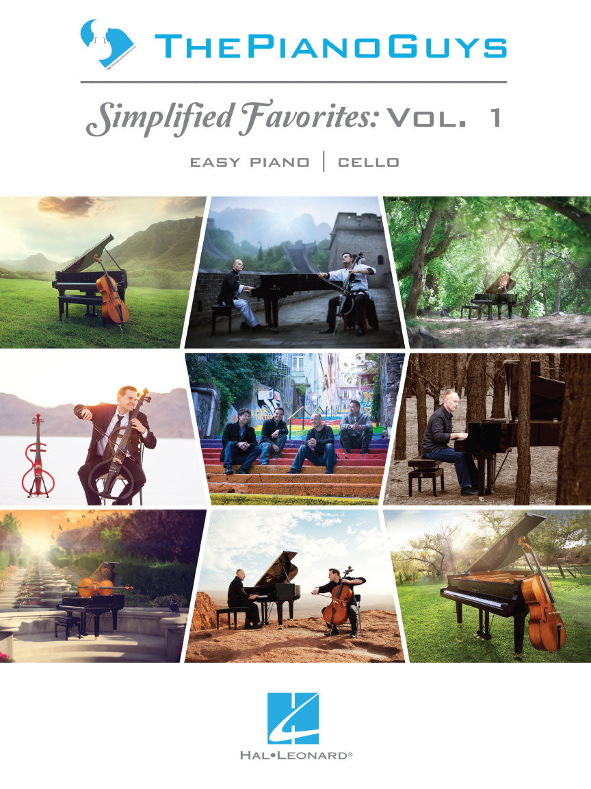 The image shows the cover of "Simplified Favorites: Vol. 1" by The Piano Guys, published by Hal Leonard. It features a collage of nine photos depicting the duo playing piano and cello in scenic outdoor settings like fields, forests, and mountains. The cover reflects their signature blend of classical music and stunning visuals. This collection offers easy piano and cello arrangements of their popular pieces.