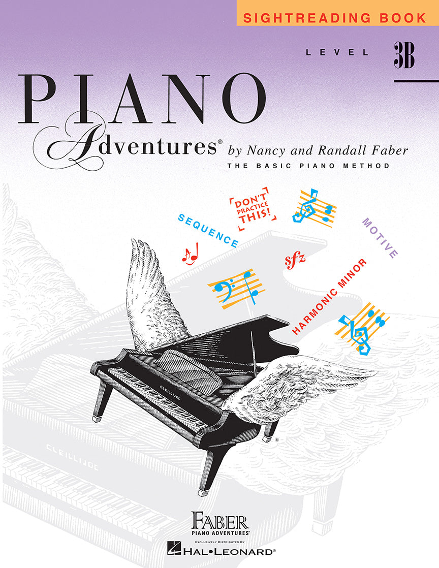 The image shows the cover of "Piano Adventures Sightreading Book Level 3B" by Nancy and Randall Faber, part of The Basic Piano Method series. It features a whimsical winged grand piano surrounded by colorful musical notes and terms like "SEQUENCE" and "HARMONIC MINOR." Published by Faber Piano Adventures and Hal Leonard, the vibrant design aims to engage intermediate students developing sight-reading skills.